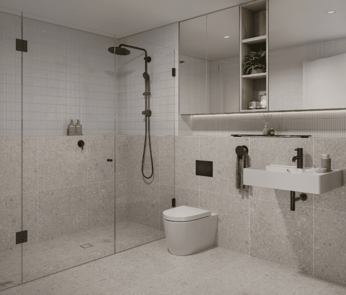 Bayou bathroom with porcelain finishes and integrated lighting