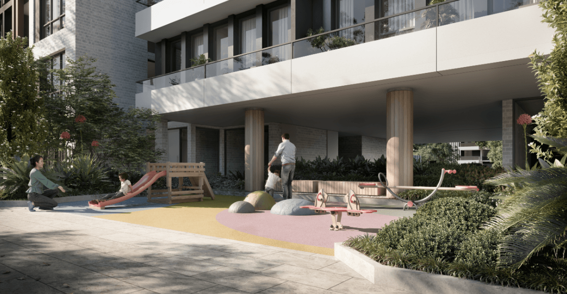 Landscaped communal gardens beside Bayou Wolli Creek
