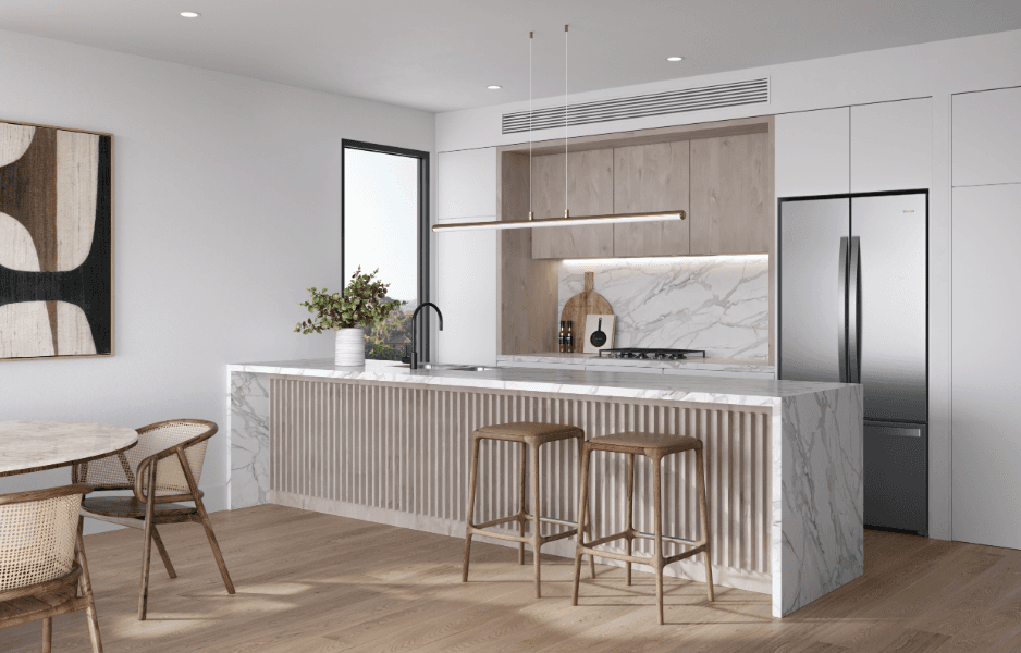 Bayou kitchen with stone island and warm timber cabinetry