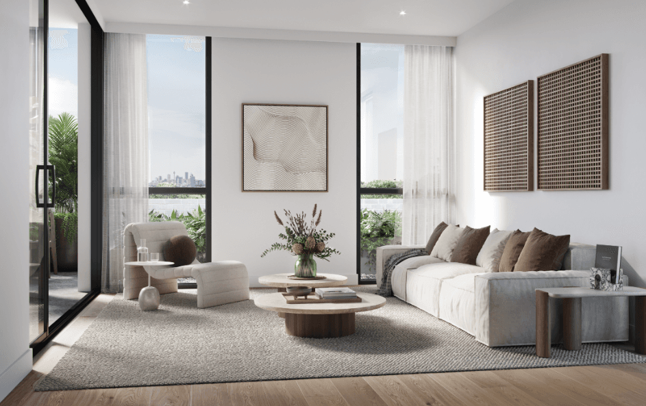 Bayou apartment living and dining room with floor-to-ceiling glazing