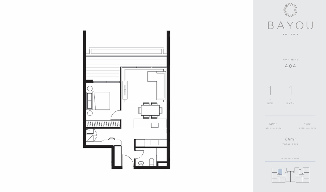 One Bedroom floorplan, apartment 404