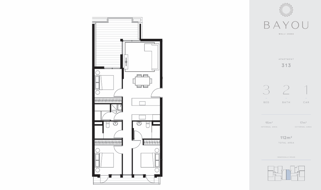 Three Bedroom floorplan, apartment 313